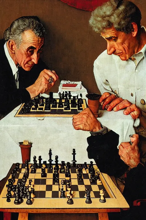 Prompt: franco battiato playing chess painted by norman rockwell