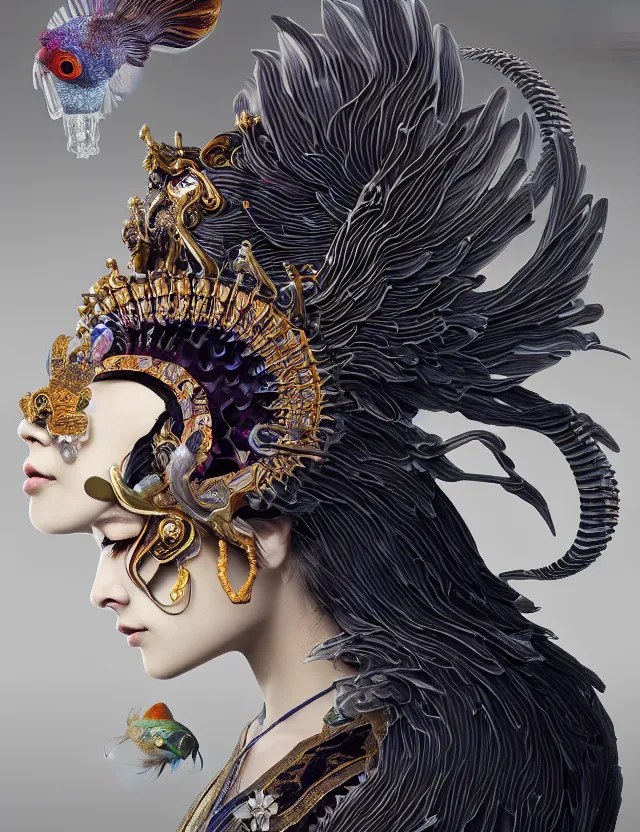 Image similar to 3 d goddess close - up profile portrait with crown, ram skull. beautiful intricately detailed japanese crow kitsune mask and clasical japanese kimono. betta fish, jellyfish phoenix, bio luminescent, plasma, ice, water, wind, creature, artwork by tooth wu and wlop and beeple and greg rutkowski