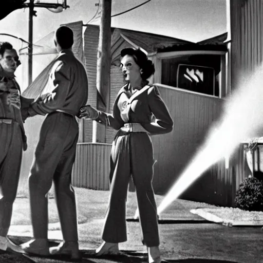 Image similar to 1 9 5 0 s, sci - fi movie, vintage movie grain, alien gunmen attack suburbia street