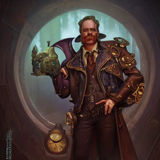 Prompt: Portrait of a steampunk detective in World of Warcraft, cover art, ultra wide lens shot, pretty, beautiful, DnD character art portrait, matte fantasy painting, DeviantArt Artstation, by Jason Felix by Steve Argyle by Tyler Jacobson by Peter Mohrbacher, cinematic lighting, unreal engine, octane render, realistic lighting