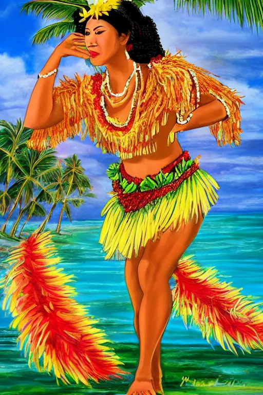 Image similar to traditional hawaiian hula dancer, high detail, beautiful background