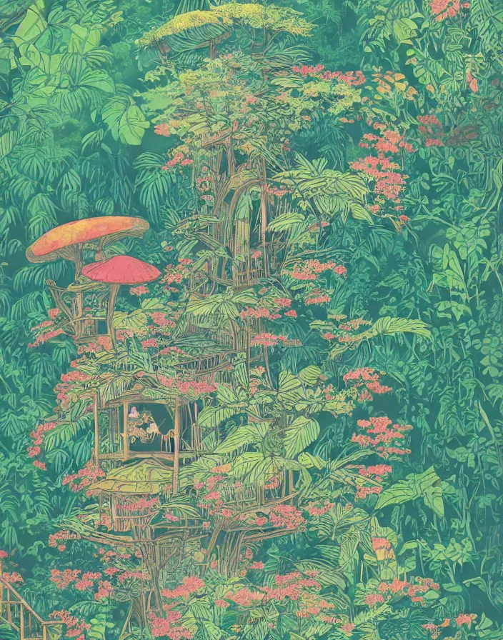 Prompt: floral jungle treehouse, Beautiful vintage Japanese poster, 10% surreal, risograph poster, beautiful colors, deep meaning, Intricate image, moving, Impressionist style, Ghibli art, high detail, dreamy, ethereal, subdued pastel palette