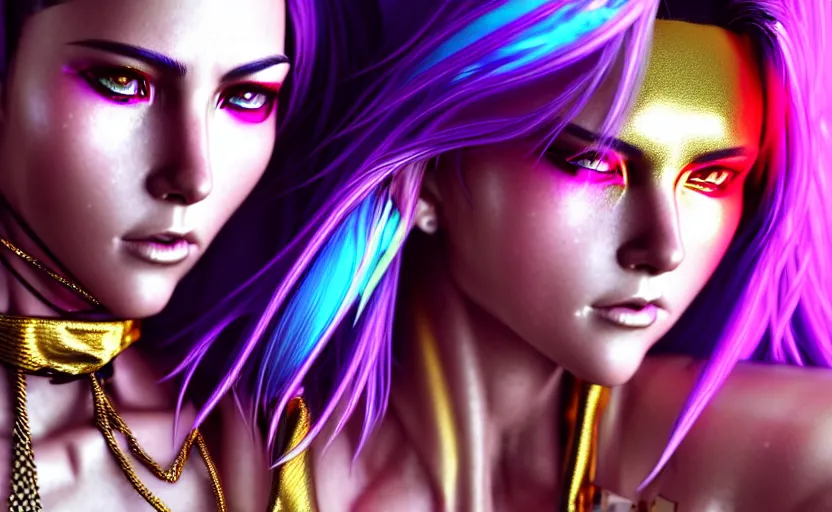 Prompt: hyperdetailed portrait of a stunningly beautiful cyberpunk jennifer anniston with short dark hair guard made of iridescent metals and shiny pink gems, bright rainbow nimbus, gold necklace, gold background inspired by ross tran and masamune shirow and kuvshinov, intricate, photorealistic, octane render, rtx, hdr, unreal engine, dnd digital art by artgerm