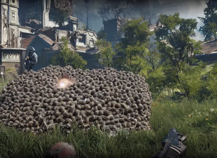 Image similar to colossal wasp nest looking colony infestation in destiny 2, liminal, dark, dystopian, abandoned, highly detailed 4 k 6 0 fps in - game destiny 2 gameplay screenshot leak