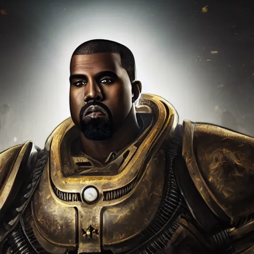 Image similar to Portrait of Kanye West as the emperor of humanity from warhammer 40k in Gears of War, splash art, movie still, detailed face, photorealistic facial features, cinematic lighting, dramatic, octane render, long lens, shallow depth of field, bokeh, anamorphic lens flare, 8k, hyper detailed, 35mm film grain