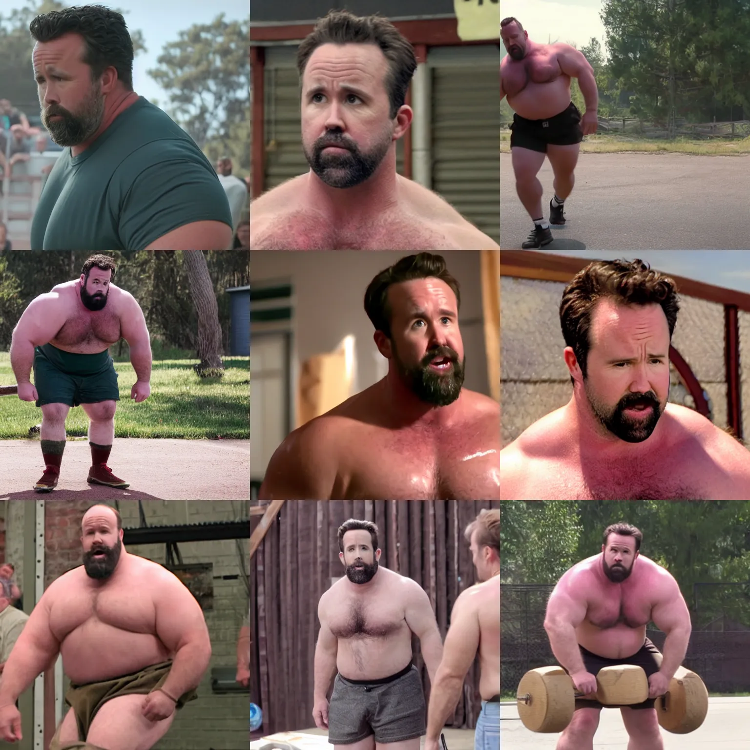 Prompt: rob mcelhenney as a big burly padded strongman, 4 k hd