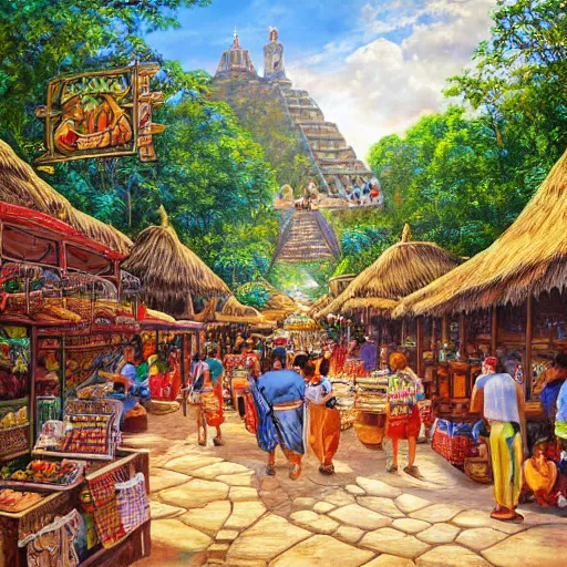 Image similar to enchanted painting of a bustling marketplace in a mayan city in the jungles of honduras, realistic, panoramic, 4 k