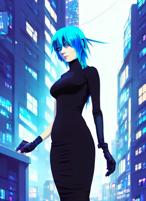 Image similar to hyper realistic photograph portrait of cyberpunk pretty girl with blue hair, wearing a tight black dress, in city street at night, by makoto shinkai, ilya kuvshinov, lois van baarle, rossdraws, basquiat