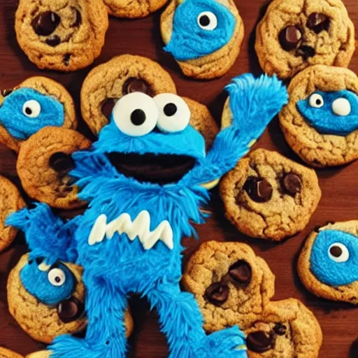 Image similar to cookie monster getting eaten by cookies