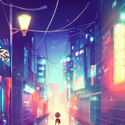 Prompt: an anime teen walking at the streets of tokyo at night while wearing headphones, aesthetic, night lights, digital painting, wlop, trending on artstation, deviantart, 8k UHD
