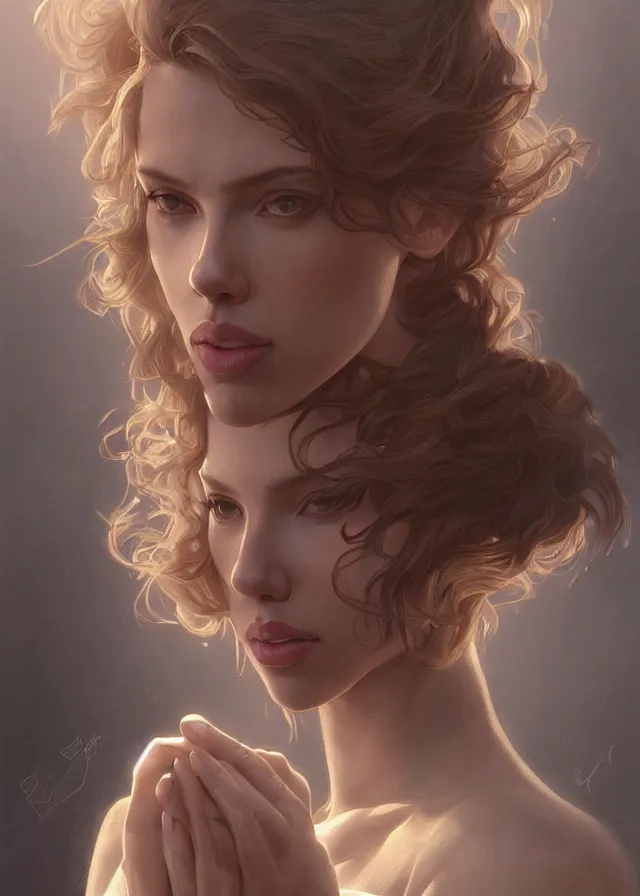 Image similar to Scarlett Johansson , beautiful bone structure, intricate, elegant, highly detailed, digital painting, artstation, concept art, smooth, sharp focus, illustration, art by artgerm and greg rutkowski and alphonse mucha