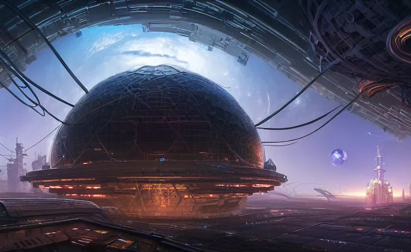 Prompt: highly detailed digital matte painting of an intricate futuristic cybernetic dome on a massive space station at dusk, by peter mohrbacher and ruan jia and and robert mccall and dan mumford, postcyberpunk, hyperdetailed, wide shot, numerous connecting wires, volumetric lighting, swirling accents, octane render, smooth, 8 k