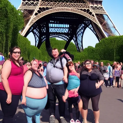 Prompt: fat people visiting the eiffel tower