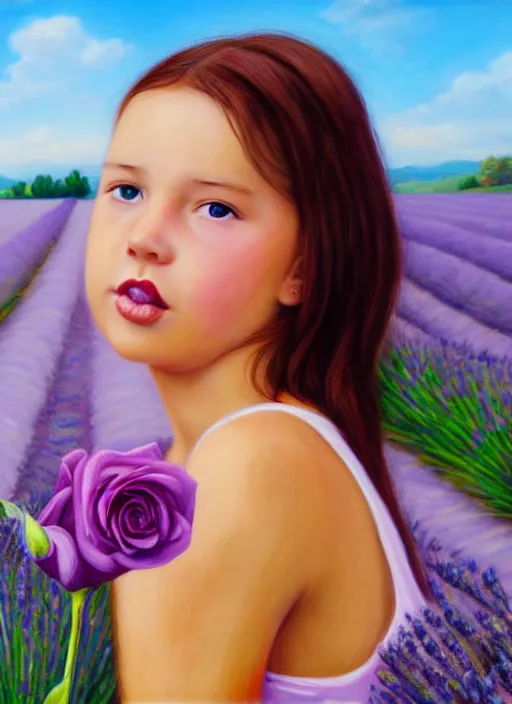 Image similar to girl eating a rose in a lavender field. by AquaSixio, hyperrealistic oil painting, 4k, very detailed faces