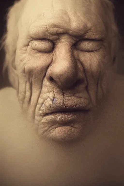 Image similar to Hyper realistic portrait of a old man with melting face, Dark Studio Lighting, fog, by Emil Melmoth, Trending on Artstation, 8k