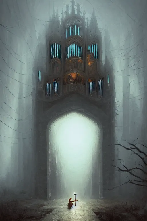 Prompt: illustration of close street view of gothic pipe organ, night, smoke, ground fog, by peter mohrbacher, by alex andreev, by jacek yerka, by alan lee, large depth of field, super detailed, digital art, trending on artstation, ornate