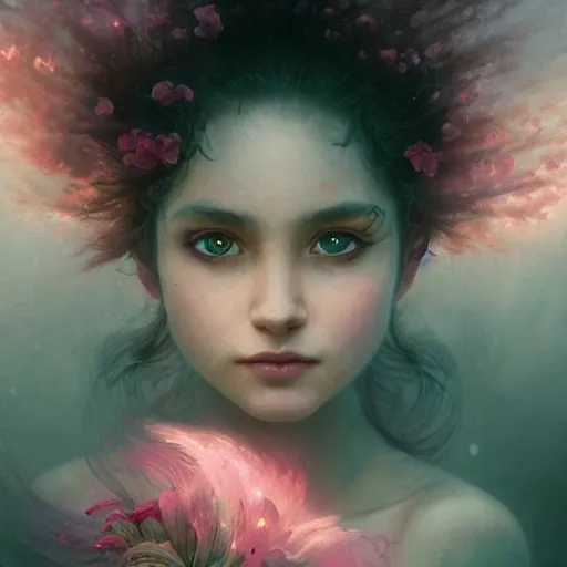 Prompt: cinematic shot epic portrait an flower goddess, glowing eyes, sweaty skin, wet pink flowing hair, flower blurry backround, broad light, ambient occlusion, volumetric light effect, made by ivan aivazovsky, peter mohrbacher, greg rutkowski, matte painting, trending on artstation, 4 k, perfectly defined features, digital painting,