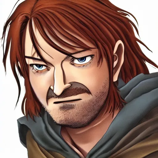 Image similar to boromir from the anime lord of the rings (1986), ginger hair, looking serious, some beard, studio ghibli, very detailed, realistic