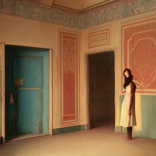 Image similar to a beautiful shiny girl in an soviet golden liminal abandoned room, film still by wes anderson, depicted by balthus, limited color palette, very intricate, art nouveau, highly detailed, lights by hopper, soft pastel colors