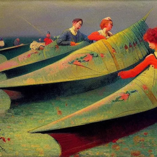 Prompt: zepplins in the shape of fish, 1905, brightly coloured oil on canvas, by ilya repin