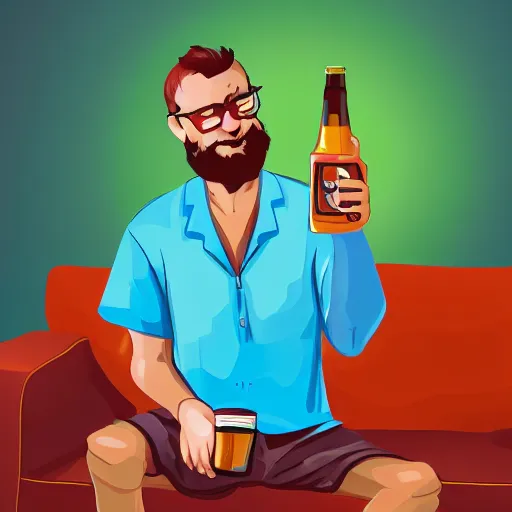 Prompt: stay at home dad with an open hawaiian shirt holding a beer, man on couch, living room, lazy, man drinking beer, hawaiian t - shirt, couch bum, house, illustration, artstation award, colorful, painting, sketch, ultra - realistic, from above, angle