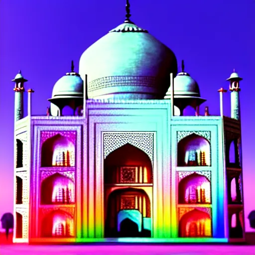 Image similar to futuristic taj mahal painted in rainbow colors. photorealistic. brightly lit scene. this 4 k hd image is trending on artstation, featured on behance, well - rendered, extra crisp, features intricate detail, epic composition and the style of unreal engine.