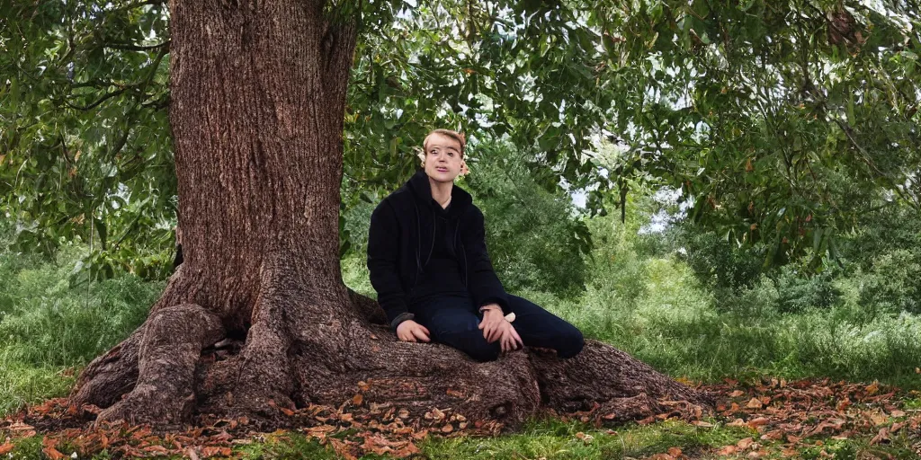 Prompt: a bean sitting next to a tree, realistic