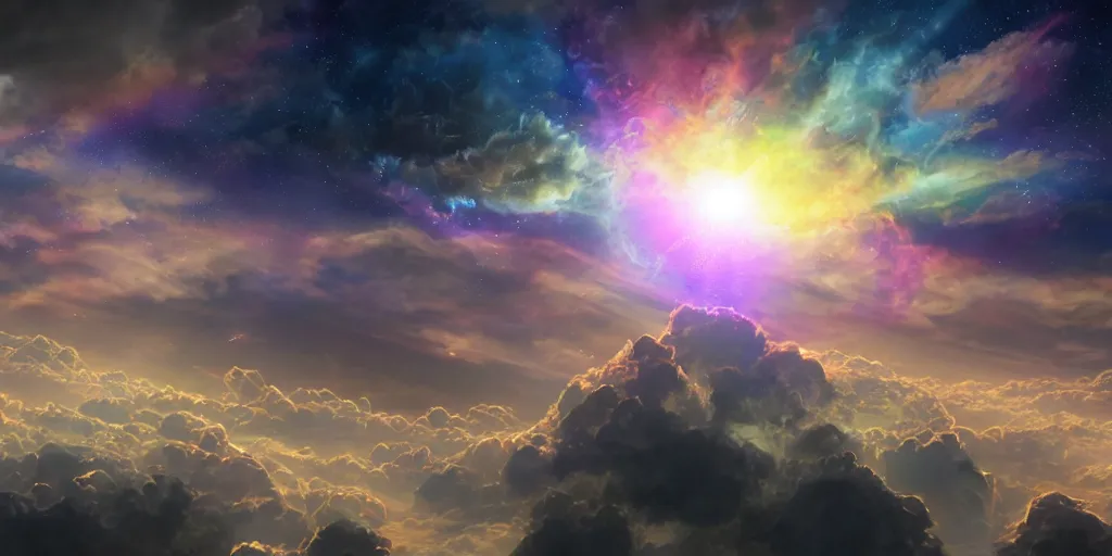 Image similar to Cosmic inflation bubbles peaking through the clouds, above the layer of clouds is a council of ascended masters, rays of consciousness, concept art, matte painting, 8k, highly detailed, artstation, light being, high quality,