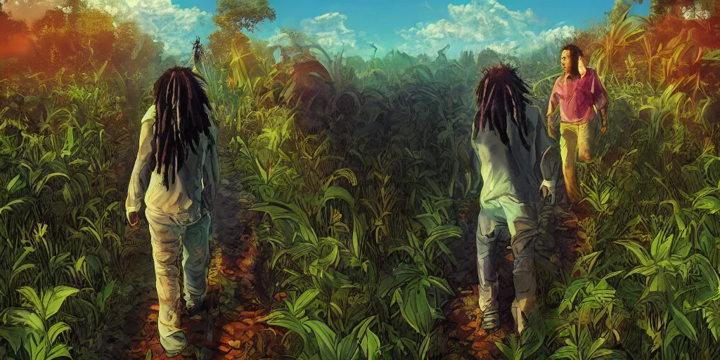 Image similar to bob marley walking though an infinite weed farm digital art, artstation, ultra detailed, beautiful aesthetic art