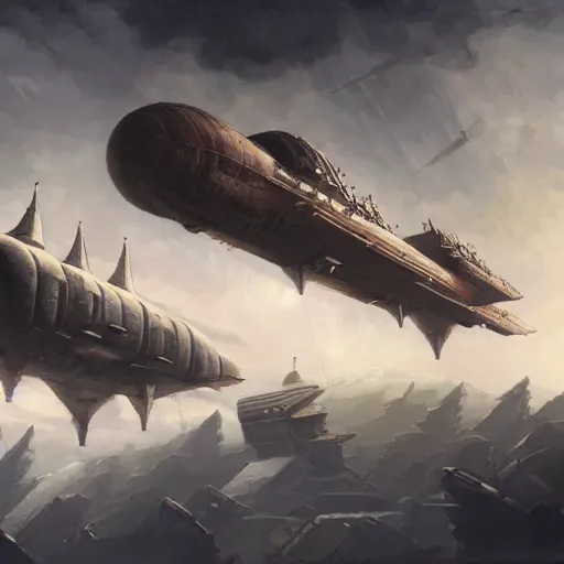 Prompt: a brutalist painting of a large steampunk airship fighting another airship in the sky, by charlie bowater, 4 k