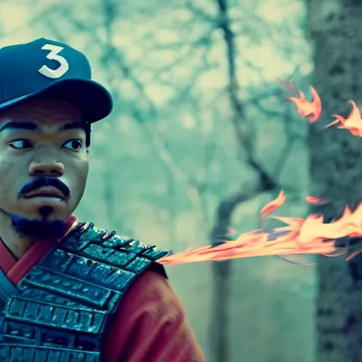 Image similar to cinematic film still of Chance The Rapper starring as a Samurai holding fire, Japanese CGI, VFX, 2022, 40mm lens, shallow depth of field, film photography