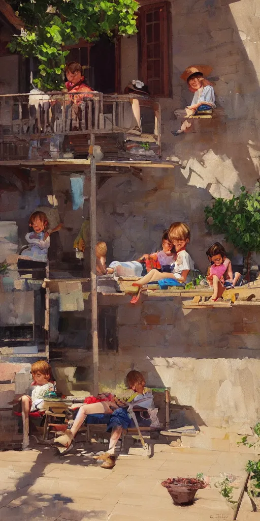 Prompt: Painting of children resting in the shade of a patio in a rural village by Cushart Krenz