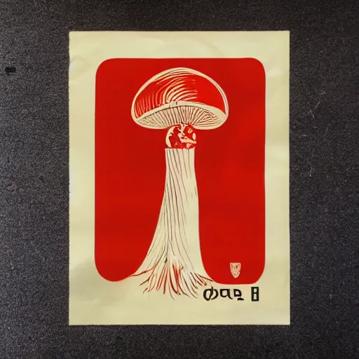 Image similar to psilocybin mushroom, soviet propaganda poster