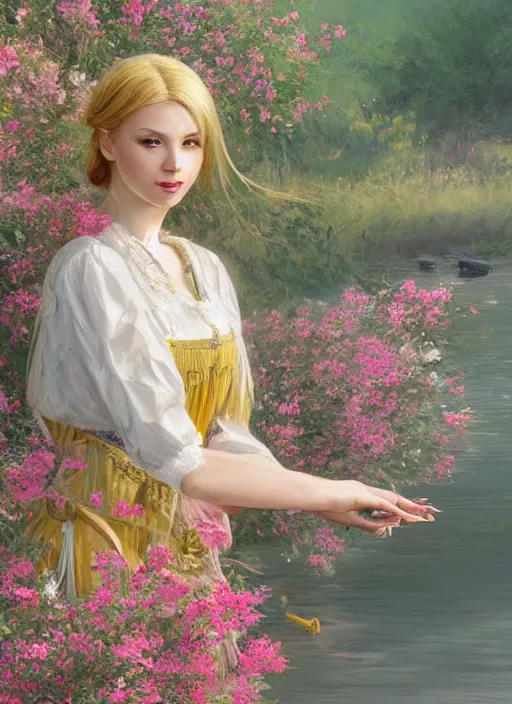 Image similar to a professional painting of an russian young blonde girl intricate, wearing russian folk clothes, in the morning light, at the beautiful river, surrounded by flowers, elegant, digital painting, concept art, smooth, sharp focus, finely detailed illustration, beautifully framed, from Metal Gear, in the style of Artgerm and Greg Rutkowski and William-Adolphe Bouguerea