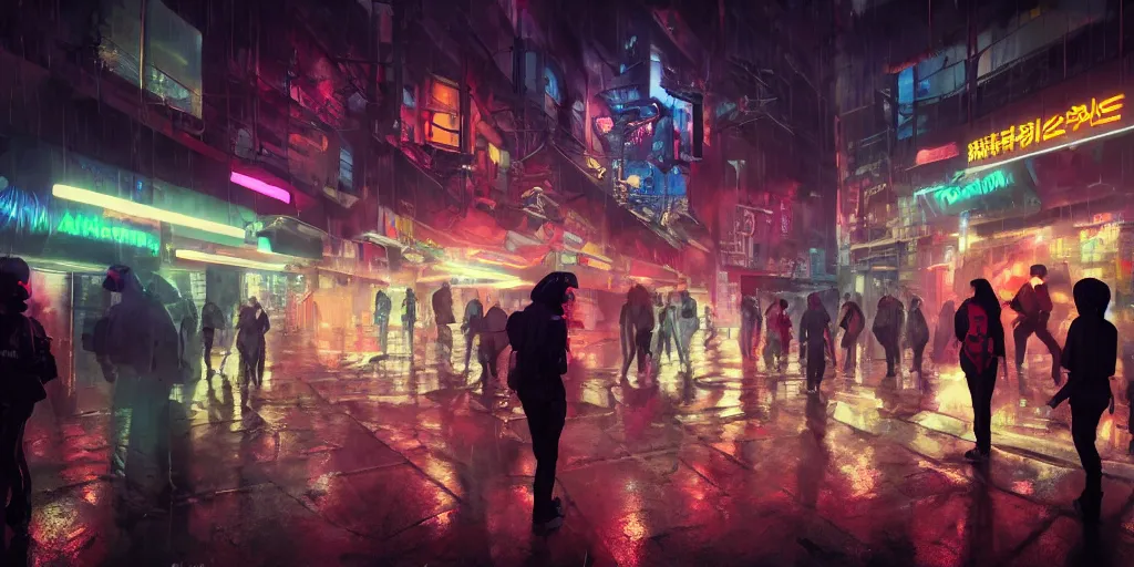 Image similar to teenagers with tech clothing and hoods and futuristic gas masks painting giant graffitis on the walls of a dystopian city, neon lights, sci - fi, night lights, rain and haze, concept art, intricate, photorealistic, in the style of katsuhiro otomo, akira, octane render, rtx, hdr, unreal engine