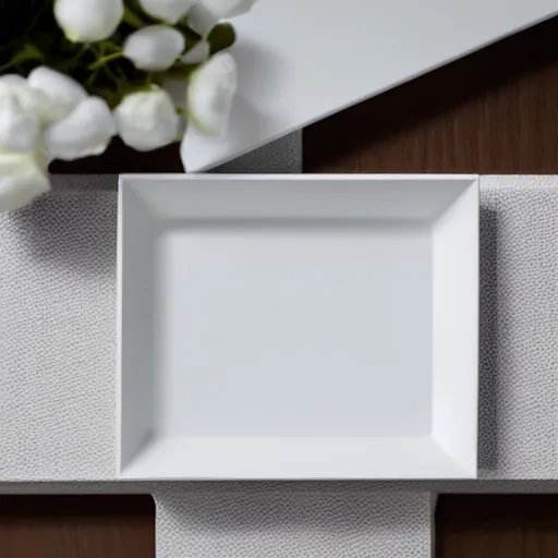 Prompt: white square tray, floating in mid air in a white room, photo realistic