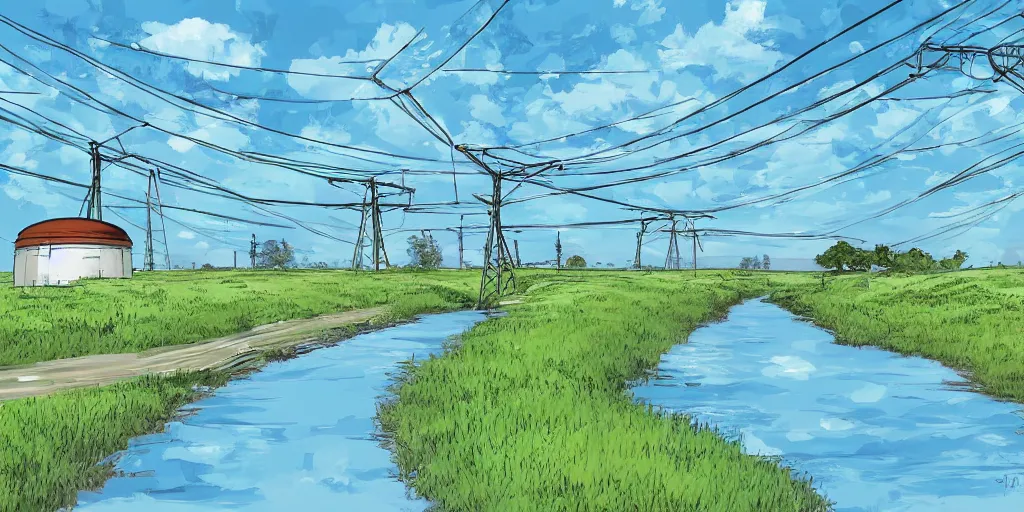 Prompt: round white dome and power lines, by a river and fields, art station, digital art, Studio Ghibli