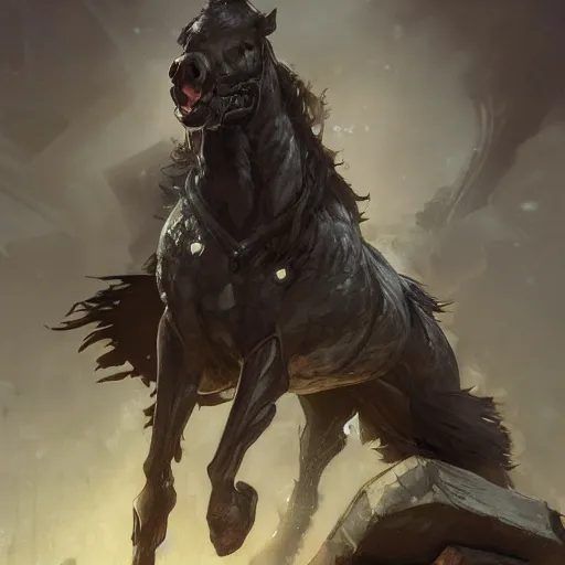 Image similar to splash art of a super buff black - coated anthropomorphic horse character wearing tactical kevlar fabric standing in rubble, long hair, exaggerated muscles, highly detailed, furry, furaffinity, digital painting, artstation, sharp focus, illustration, art by artgerm, greg rutkowski, alphonse mucha