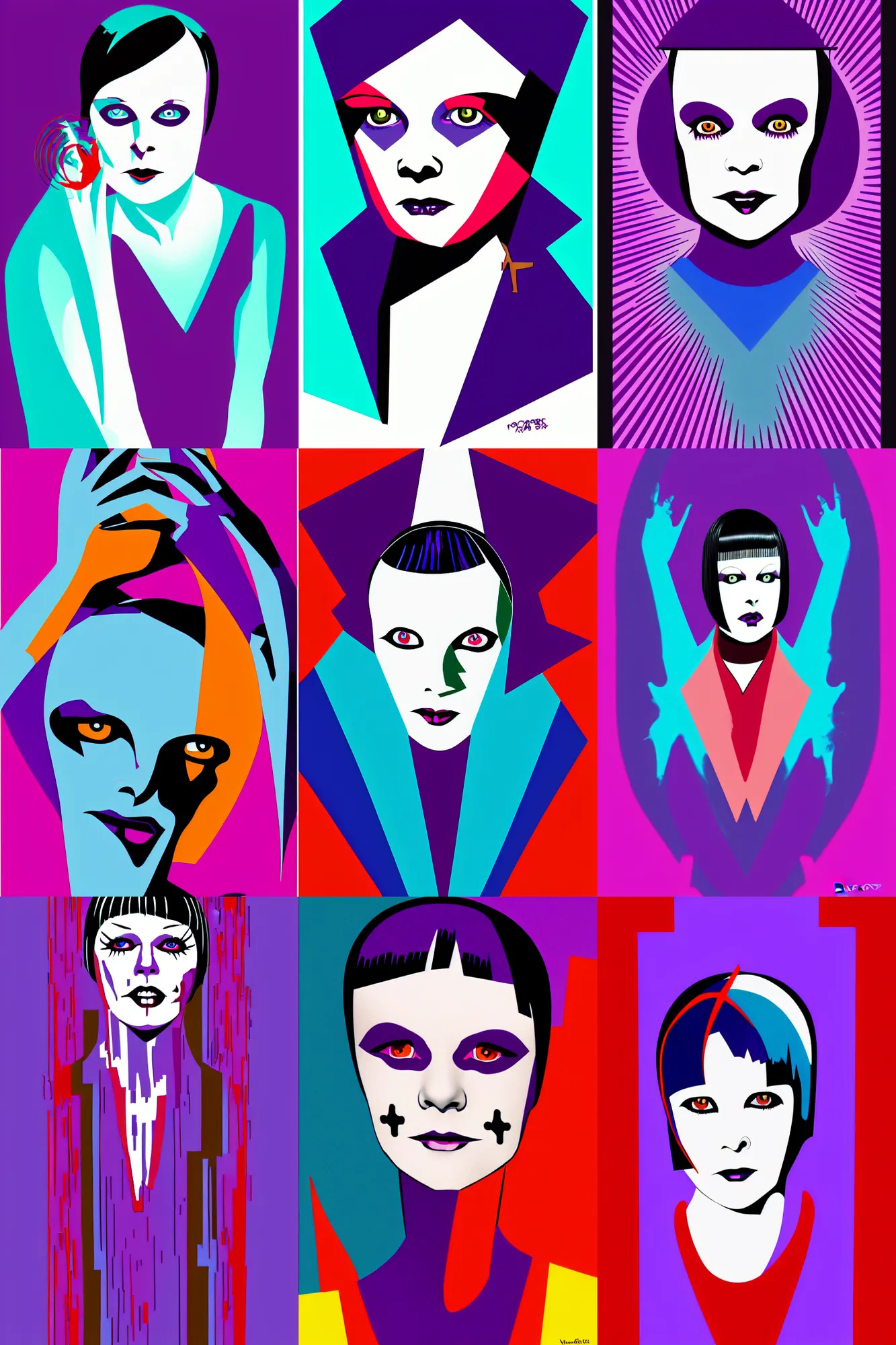 Prompt: vector logo of mary louise brooks as a zombie, ross tan, op art, purple and blue, red, 1 9 2 0 s, art deco