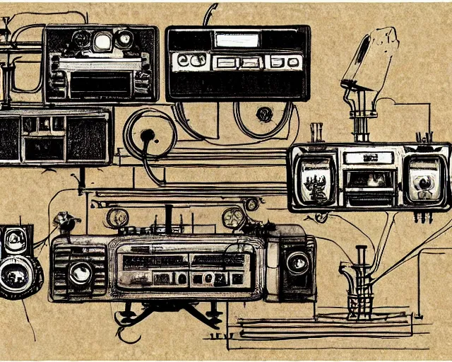 Image similar to steampunk mechanical electrical television set sketch with detailed notes by leonardo da vinci