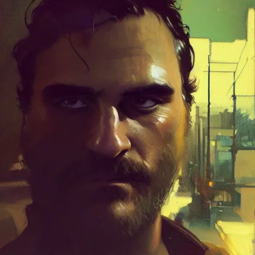 Image similar to joaquin phoenix, hyperrealistic portrait, bladerunner street, art of elysium by jeremy mann and alphonse mucha, fantasy art, photo realistic, dynamic lighting, artstation, poster, volumetric lighting, very detailed face, 4 k, award winning