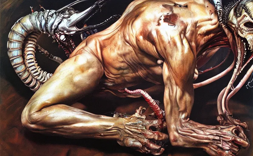 Prompt: high quality high detail painting by lucian freud and frank frazetta and jenny saville, hd, xenomorph predator, muted colors, cinematic