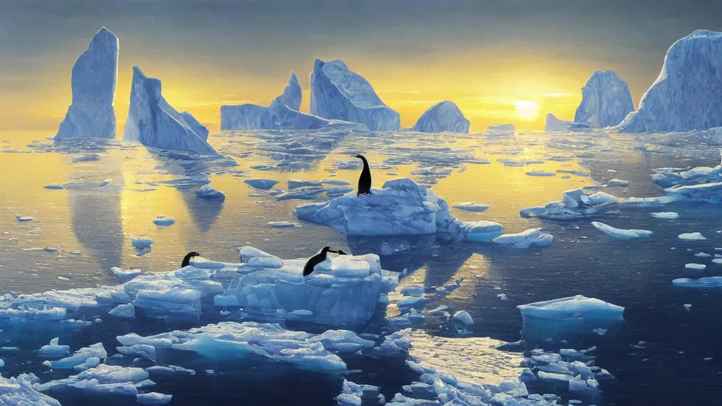 Image similar to the most beautiful panoramic landscape, oil painting, where a giant iceberg is lost in the frozen artic ocean, a giant penguin is exhaling steam while walking over the iceberg, the frozen artic ocean is reflecting the giant penguin and the ray lights of the sunset are brightening him, by greg rutkowski