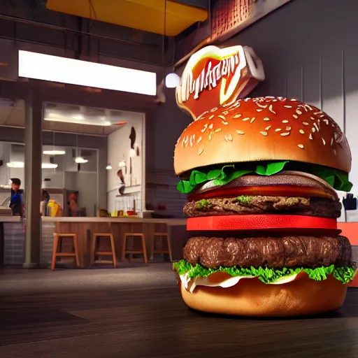 Prompt: burger, splash, burger machine, align art, 3 d render, incredible details, highly detailed, photorealistic, disney pixar, smooth, octane render, iridescent, 8 k