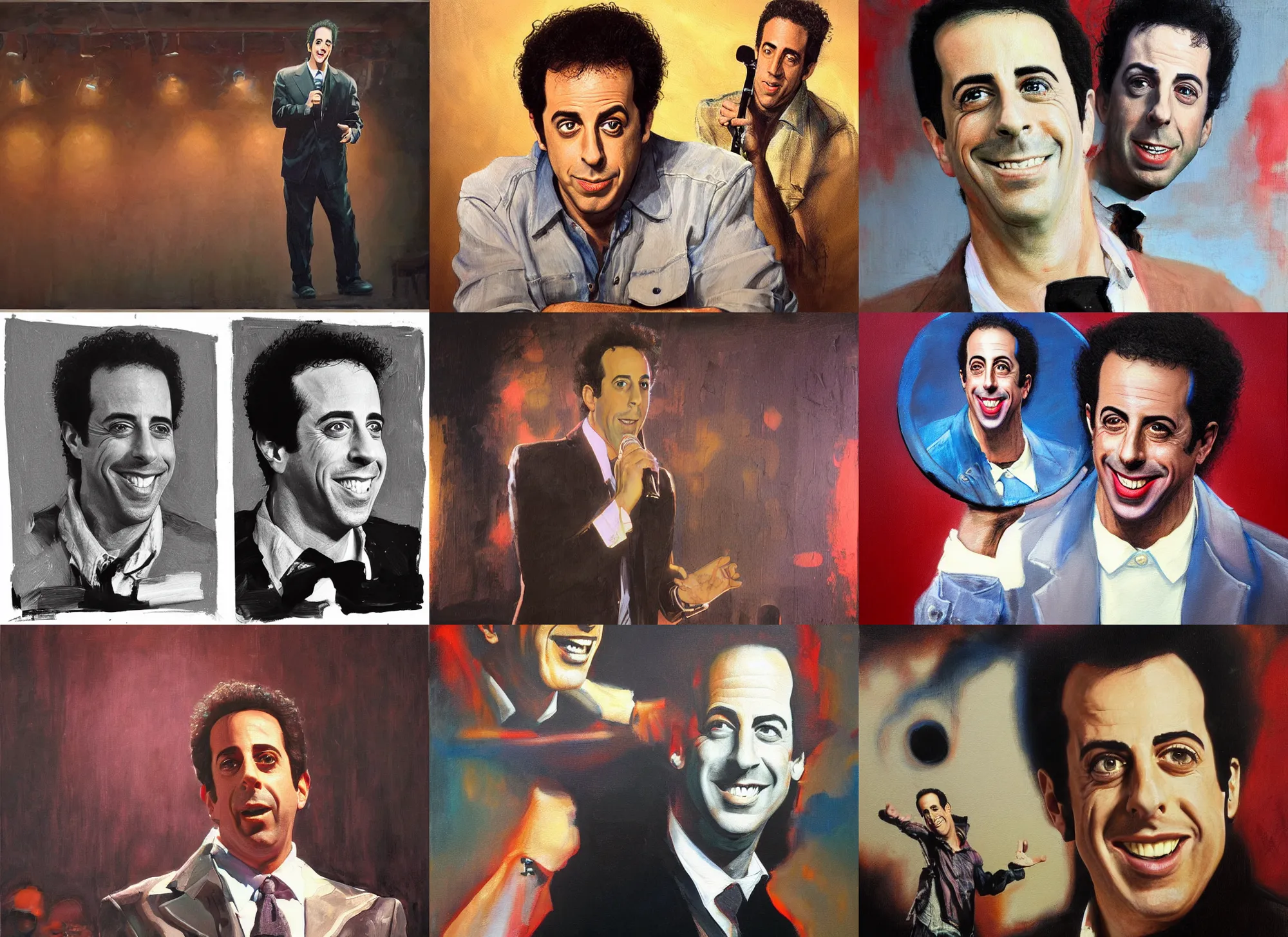 Prompt: a mixed media portrait painting of nineteen eighties jerry seinfeld on stage at a comedy club, hyperrealistic, detailed face, minimalist, by frank frazetta, greg rutkowski, christian macnevin, wlop, krenz cushart, epic fantasy character art, volumetric lighting, cgsociety, exquisite detail, masterpiece, cinematic