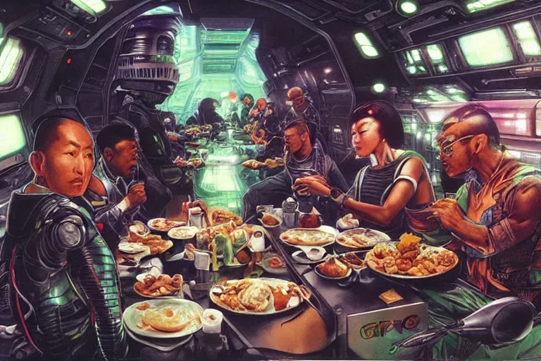 Prompt: asian people and black people and green - skinned humanoids eating breakfast aboard a cyberpunk spaceship, by noriyoshi ohrai