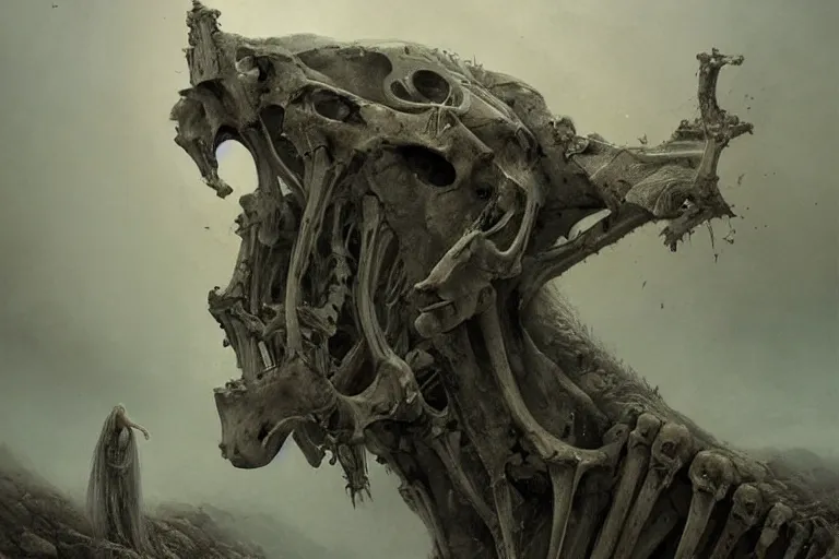 Image similar to prophecy, gnostic atmosphere, amazing concept painting by Jessica Rossier and HR giger and Beksinski, the middle of a valley; it was full of bones, bones that were very dry, there was a noise, a rattling sound, and the bones came together, bone to bone , I looked, and tendons and flesh appeared on them and skin covered them, but there was no breath in them and breath entered them, they came to life and stood up on their feet a vast army