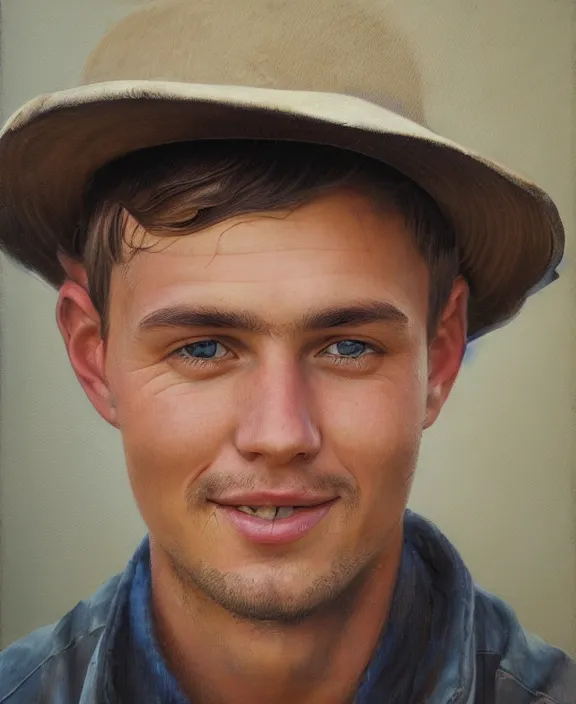 Image similar to portrait of a handsome young ohio farmer, art by denys tsiperko and bogdan rezunenko, hyperrealism