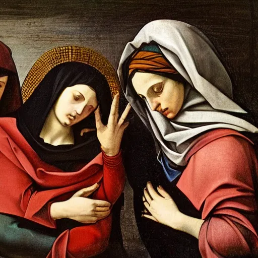 Image similar to 1 7 th century biblical painting of 3 women mourning at the tomb of jesus, 2 angels, style of caravaggio,