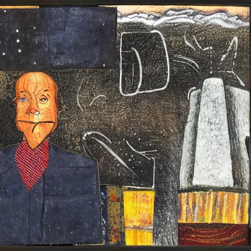 Image similar to dream A portrait of a man, by Karl Wiener, nighttime foreground, abstract!!!, figurative, unreal!!! engine!!!, pen, dark! colors, dirt brick road, Absurdist!! art, Collage